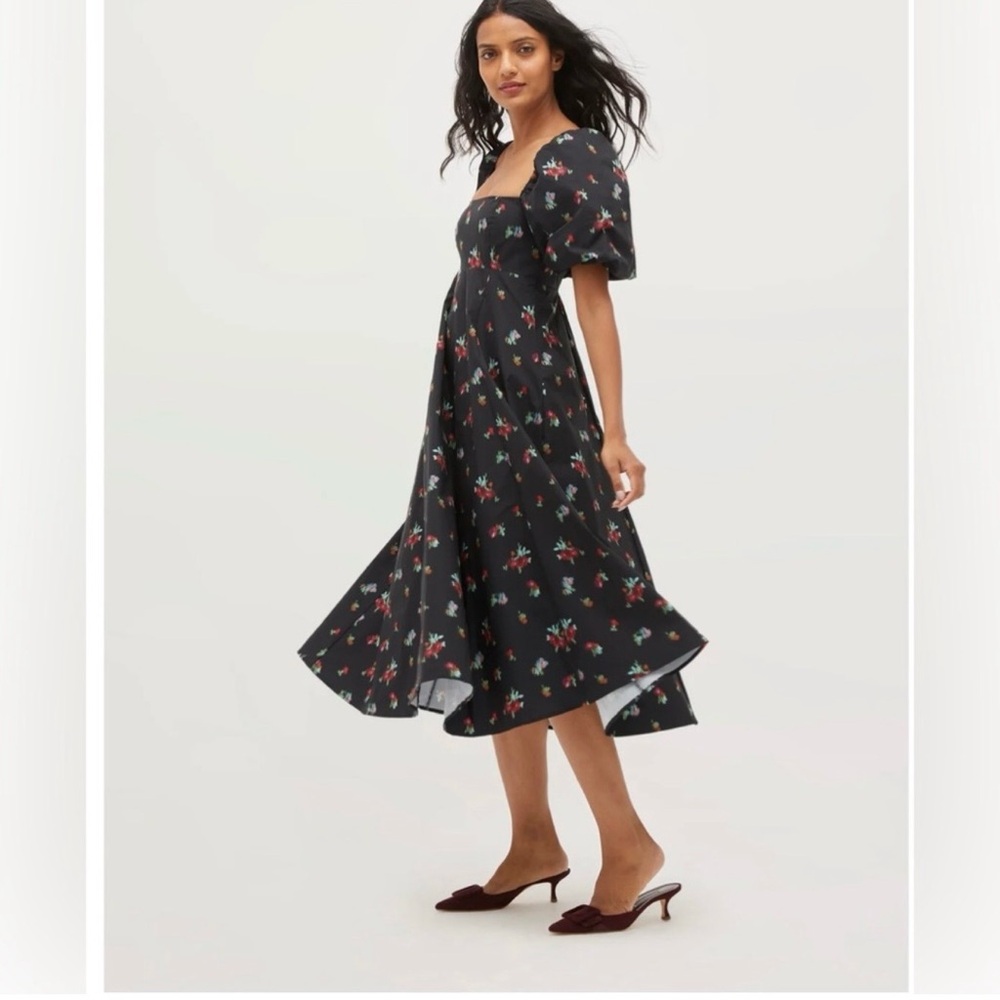 NWT Hill House Black Ikat Floral Matilda Dress, Square-Neck Puff Sleeve Midi - Picture 6 of 8